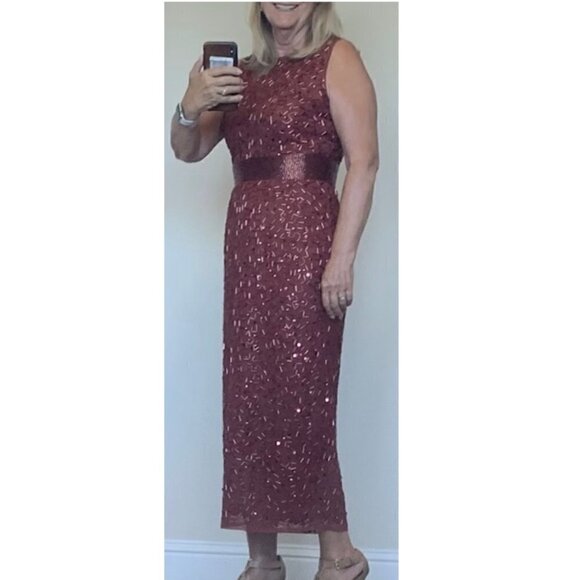 MAC DUGGAL Geometric Beaded Midi Cocktail Dress in Brick Size US 4 - Picture 2 of 10